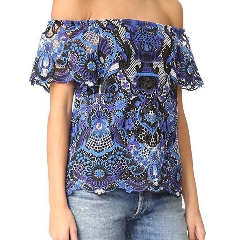 Alice + Olivia Black and Blue Lace Off-Shoulder Blouse - Medium
